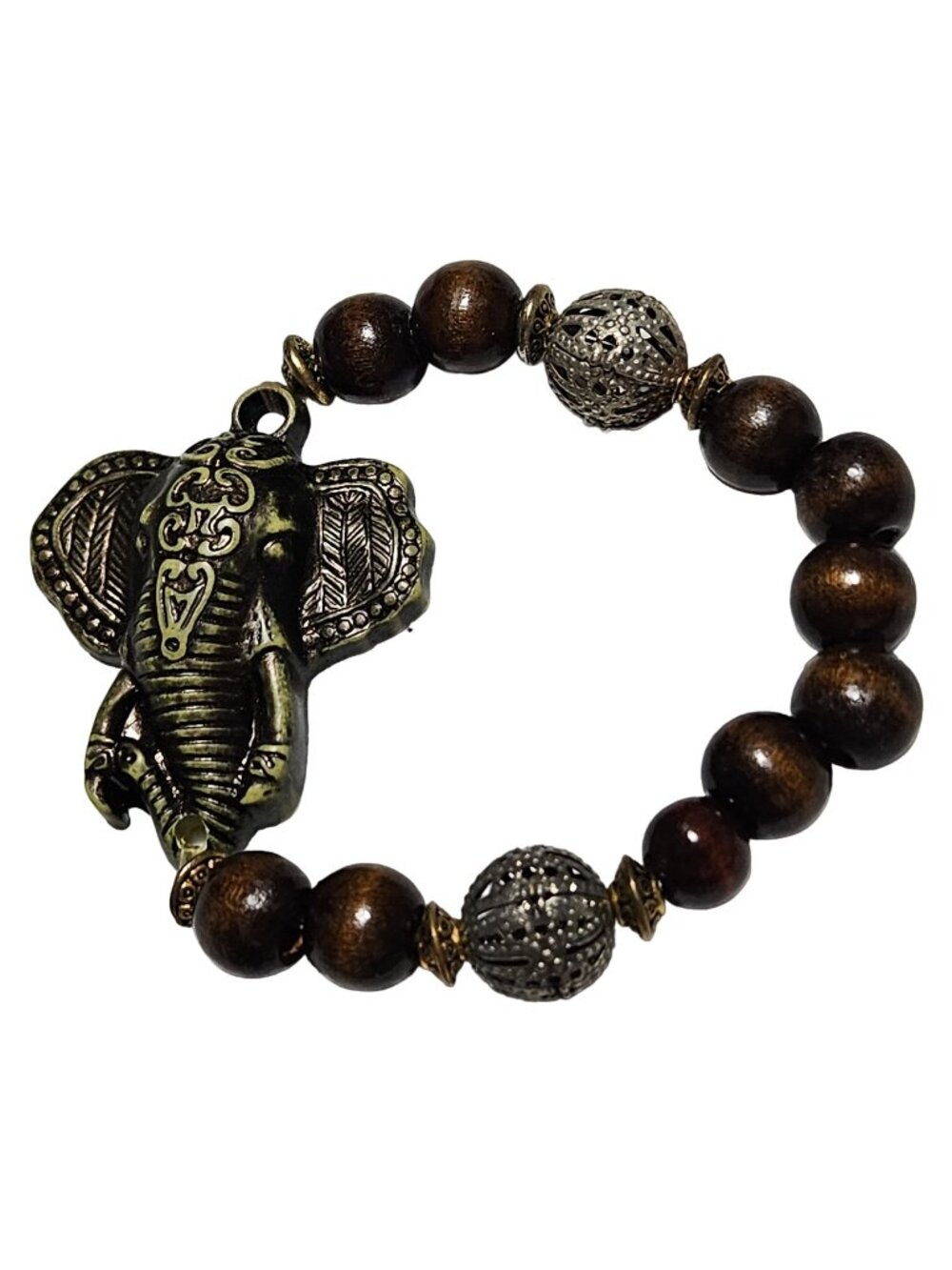 African Inspired Elephant Pendant Bracelet Wooden Metal Beads Statement Jewelry